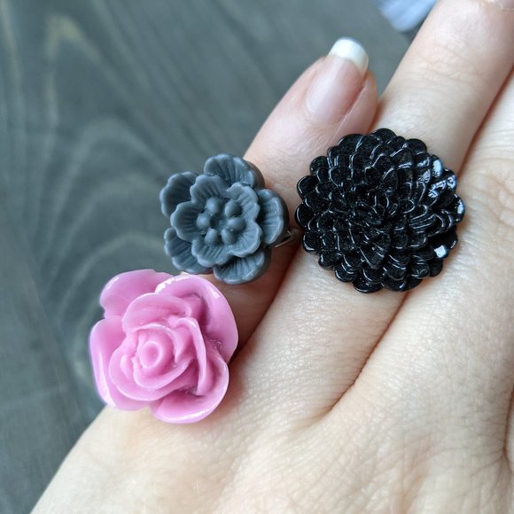 Hand Crafted Jewelry - Floral Resin Rings Set of 3 - Grey Cherry Blossom, Black Mum, Lavender Rose